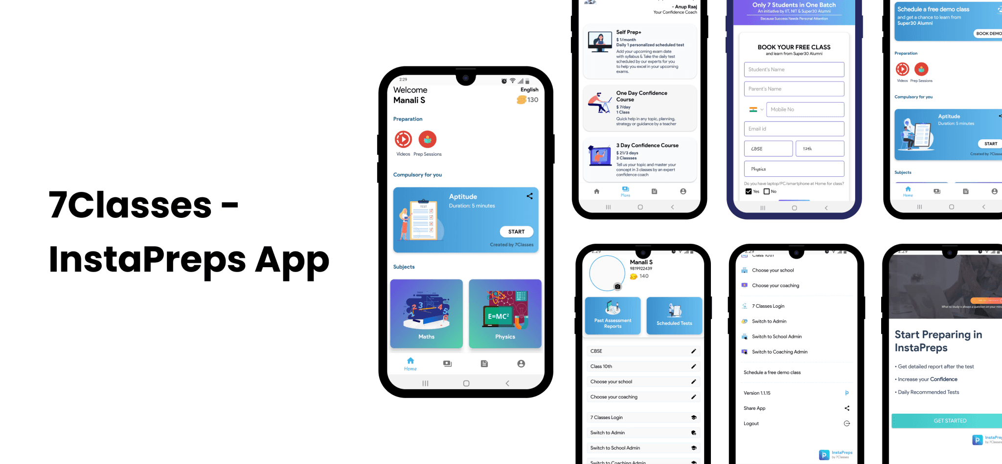 Showcasing features like course enrollment, booking free classes, and navigation menus focused on education and self-improvement.