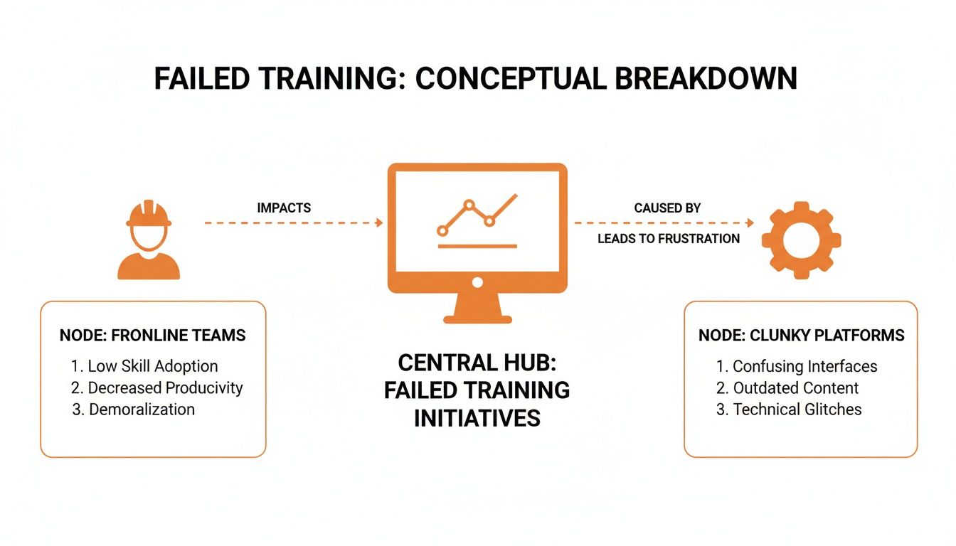 A flowchart illustrates the breakdown of failed training initiatives, affecting frontline teams and caused by clunky platforms.