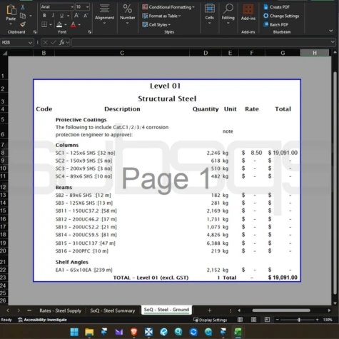 Screenshot of Microsoft Excel Workbook showing detailed structural steel takeoff using CostX software by SubsQS Ltd