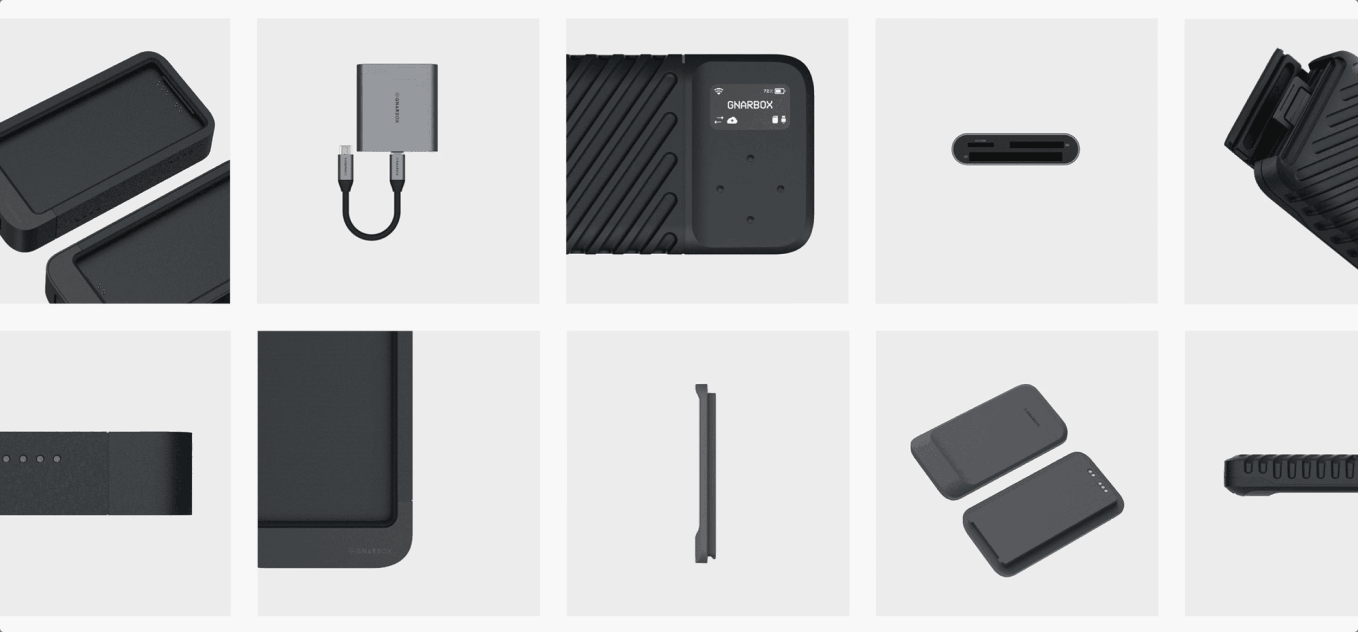 Product images of GNARBOX 2.0 SSD, showing different angles and accessories.