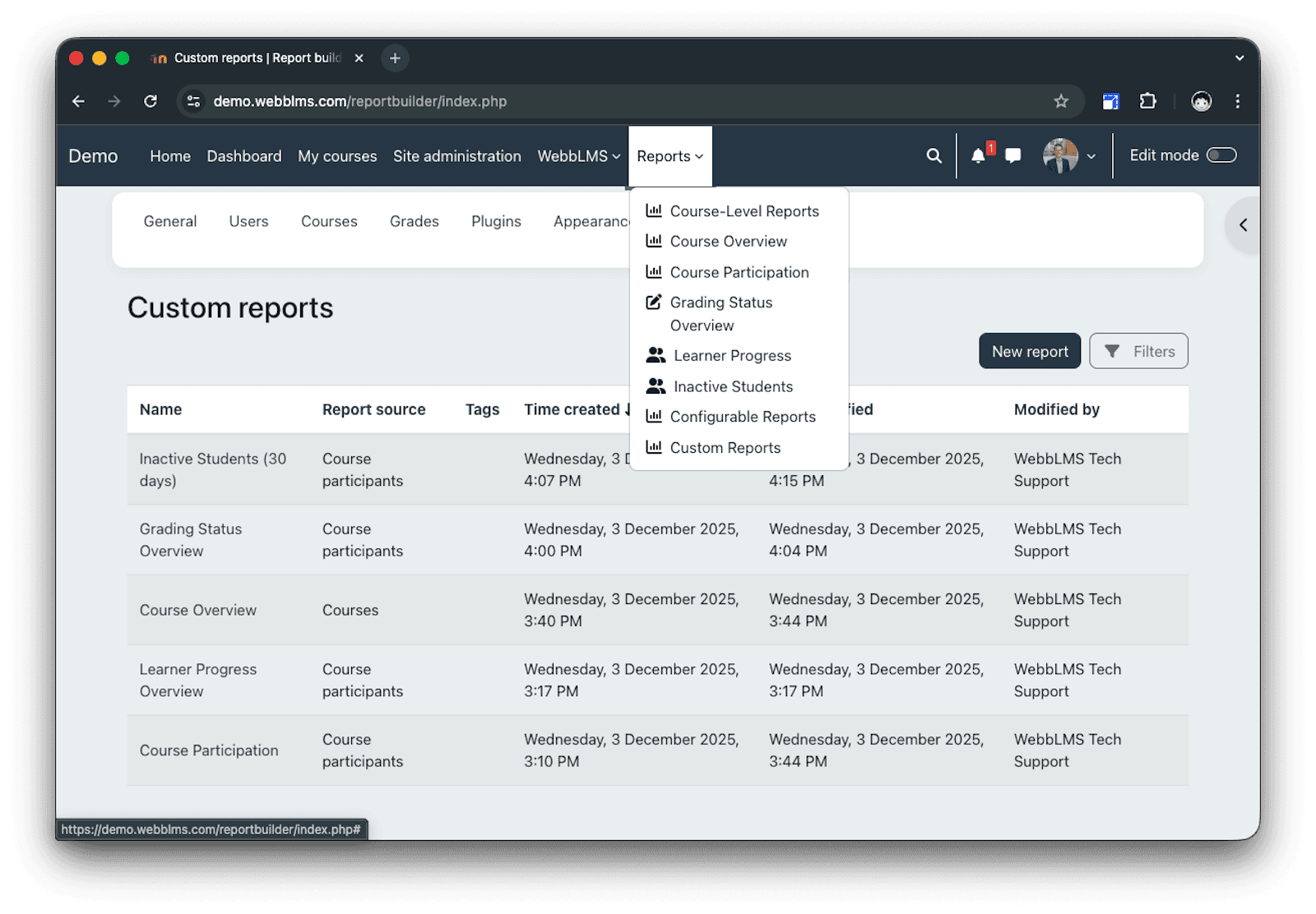 The custom reports interface in WebbLMS, displaying a dropdown menu of pre-configured reports like "Learner Progress" and "Inactive Students."