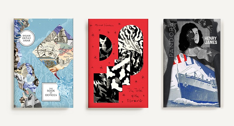 A set o three colored posters, one whit some fantasy drawings, one with some black and white patterns and one with a ship drawing.