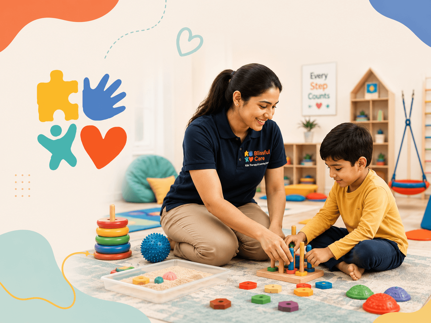 Occupational therapist helping a child during a therapy session at Blissful Care Center, providing pediatric occupational therapy, sensory integration, and child development support in Gurugram and Karnal.