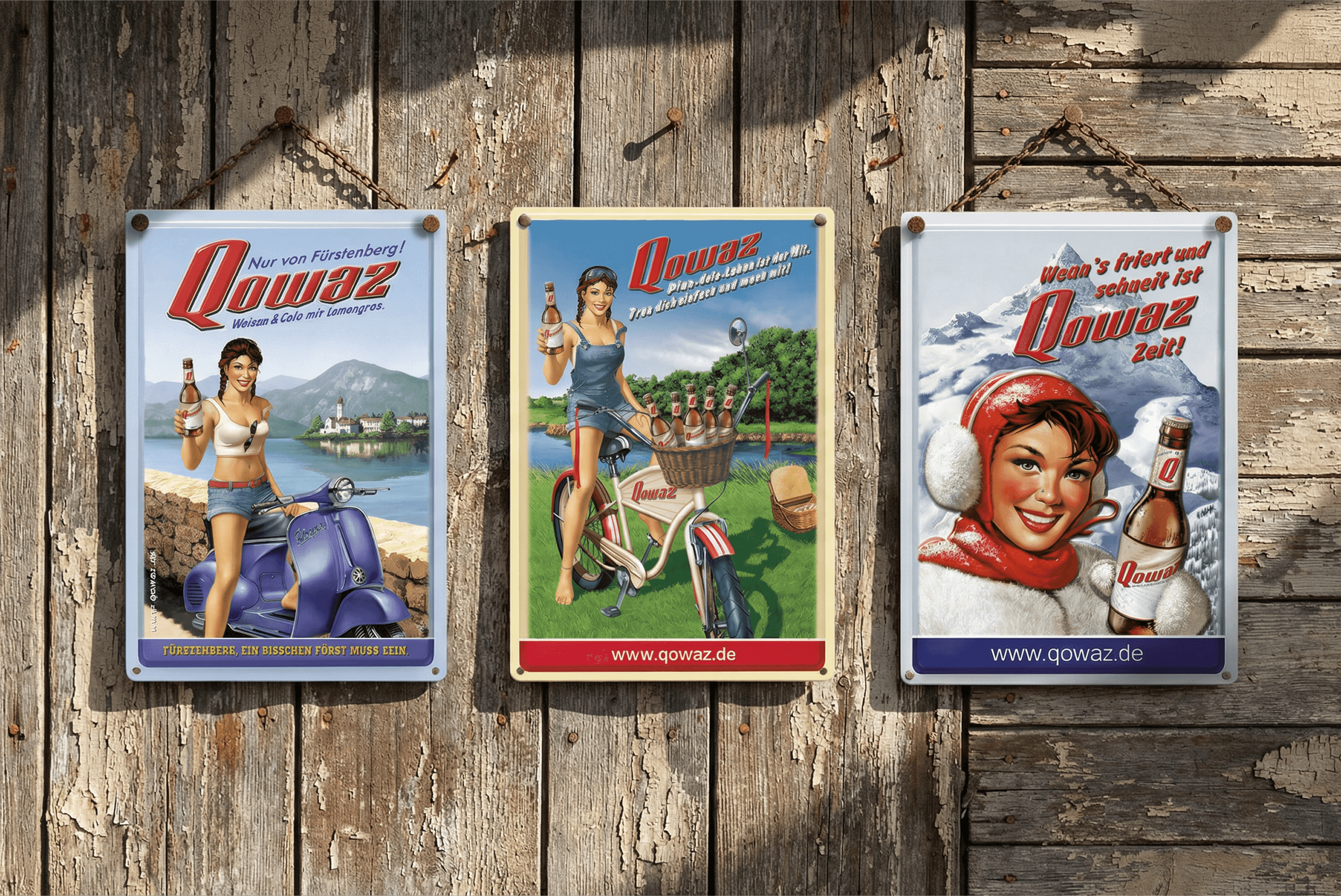Three retro posters on a wooden wall advertising "Qowaz".