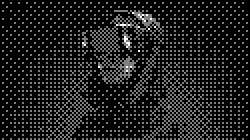 A person wearing a futuristic helmet and dark clothing, set against a textured, monochromatic background.