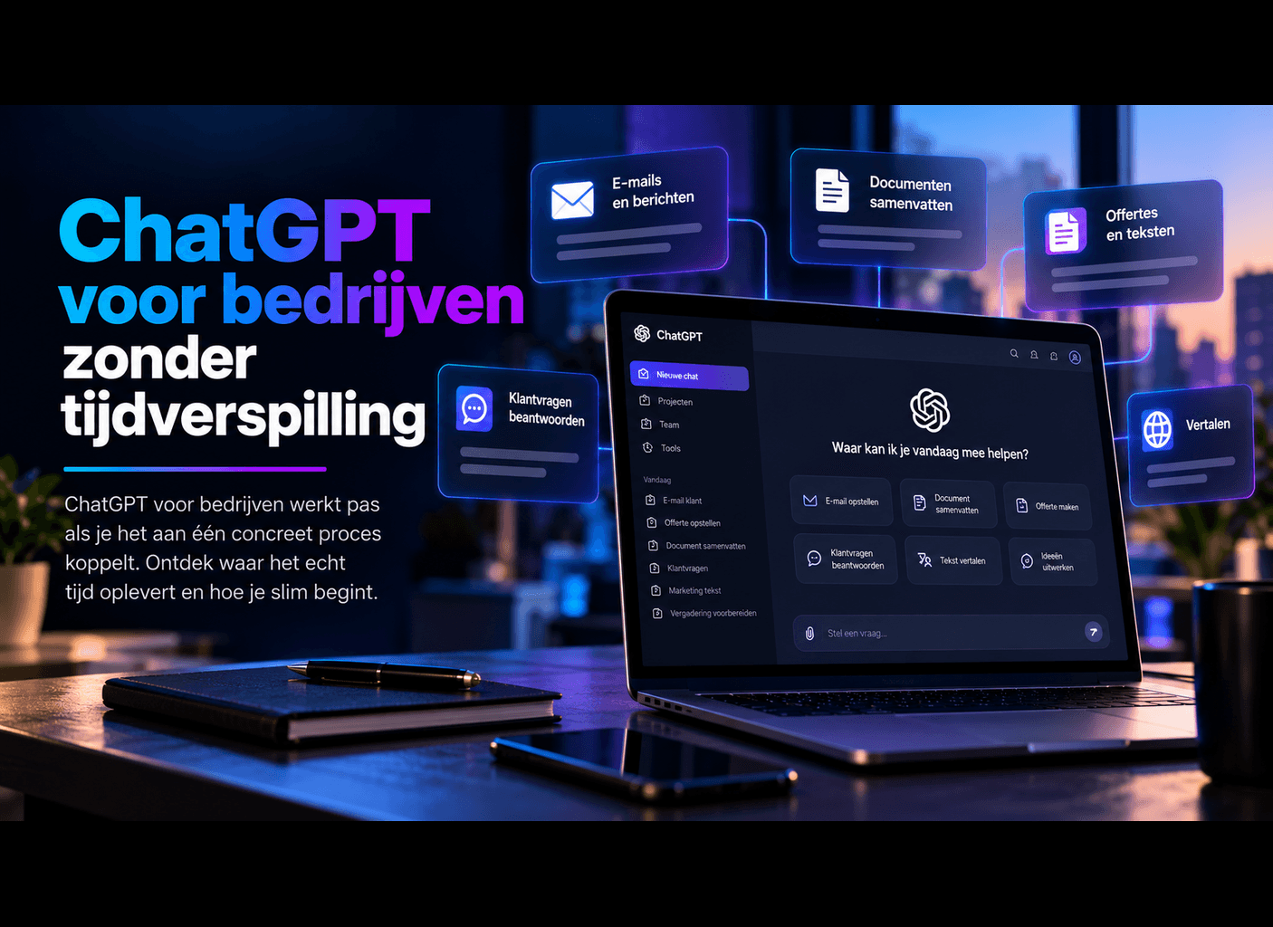 Laptop met ChatGPT en zwevende kaartjes voor e-mails, documenten samenvatten, offertes, klantvragen en vertalen