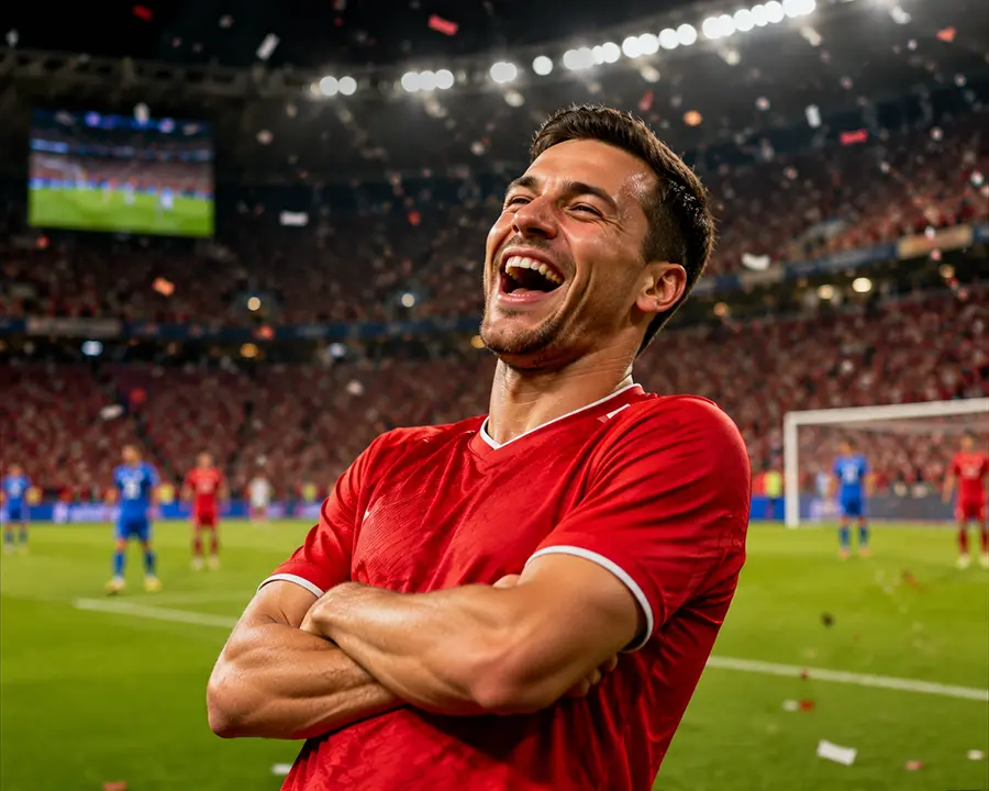World Cup meme generator interface showing AI face swap, background removal, and cartoon photo effects with football stadium