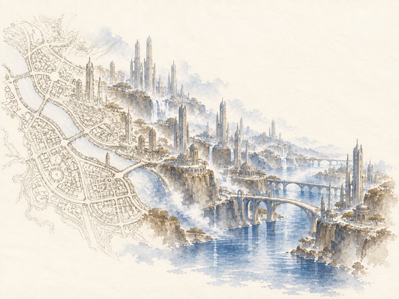 Watercolour city of towers and bridges growing out of a pencil street plan, with rivers and waterfalls