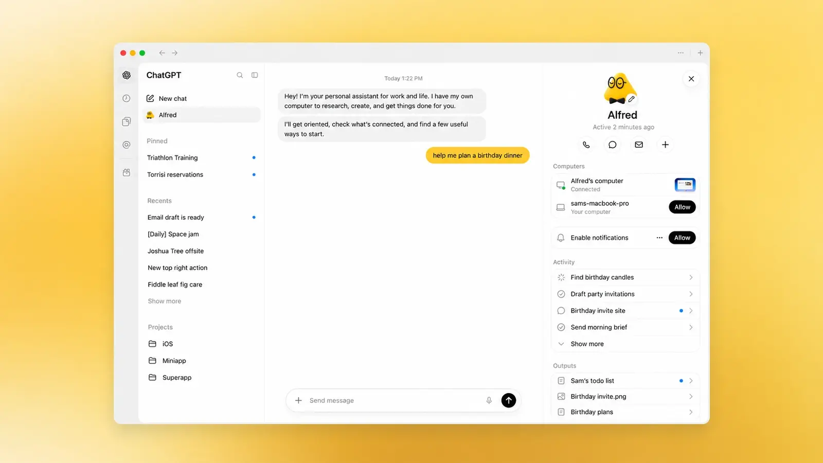 Profil eines ChatGPT Dots in der Desktop-App mit Computers, Activity und Outputs