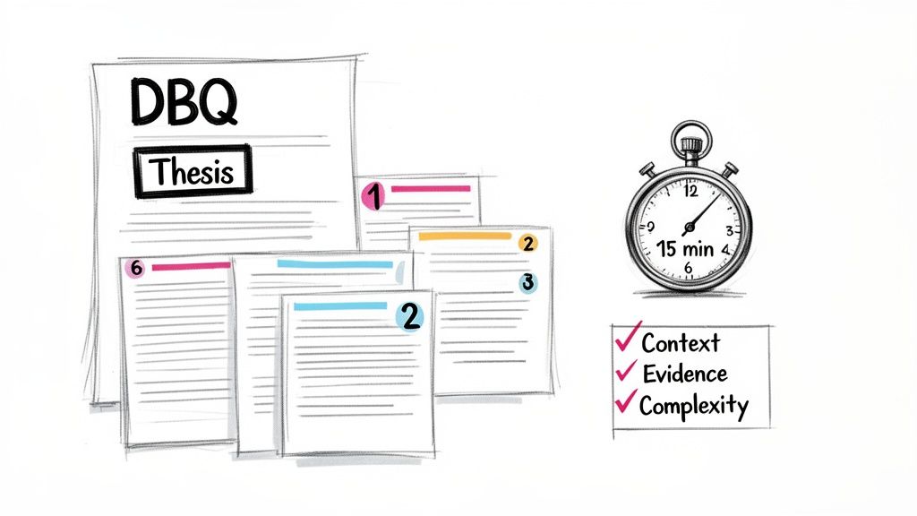 An image showing DBQ essay preparation with a thesis, numbered documents, a 15-minute timer, and a checklist for context, evidence, and complexity.
