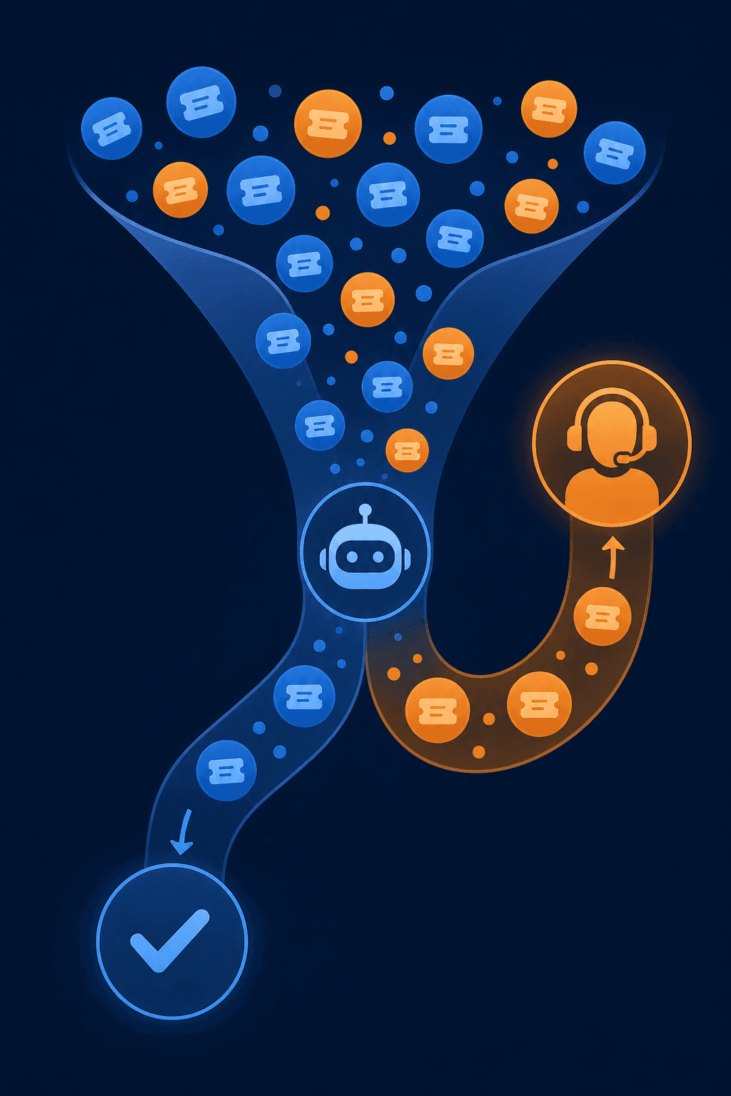 A split funnel diagram showing AI support ticket resolution flow, with a large stream of incoming support tickets at the top splitting into two paths — one path resolving cleanly into a checkmark and the other path escalating upward to a human agent icon, illustrated with abstract circular ticket icons in blue and orange on a dark navy background, clean minimalist flat design, no text or letters or numbers