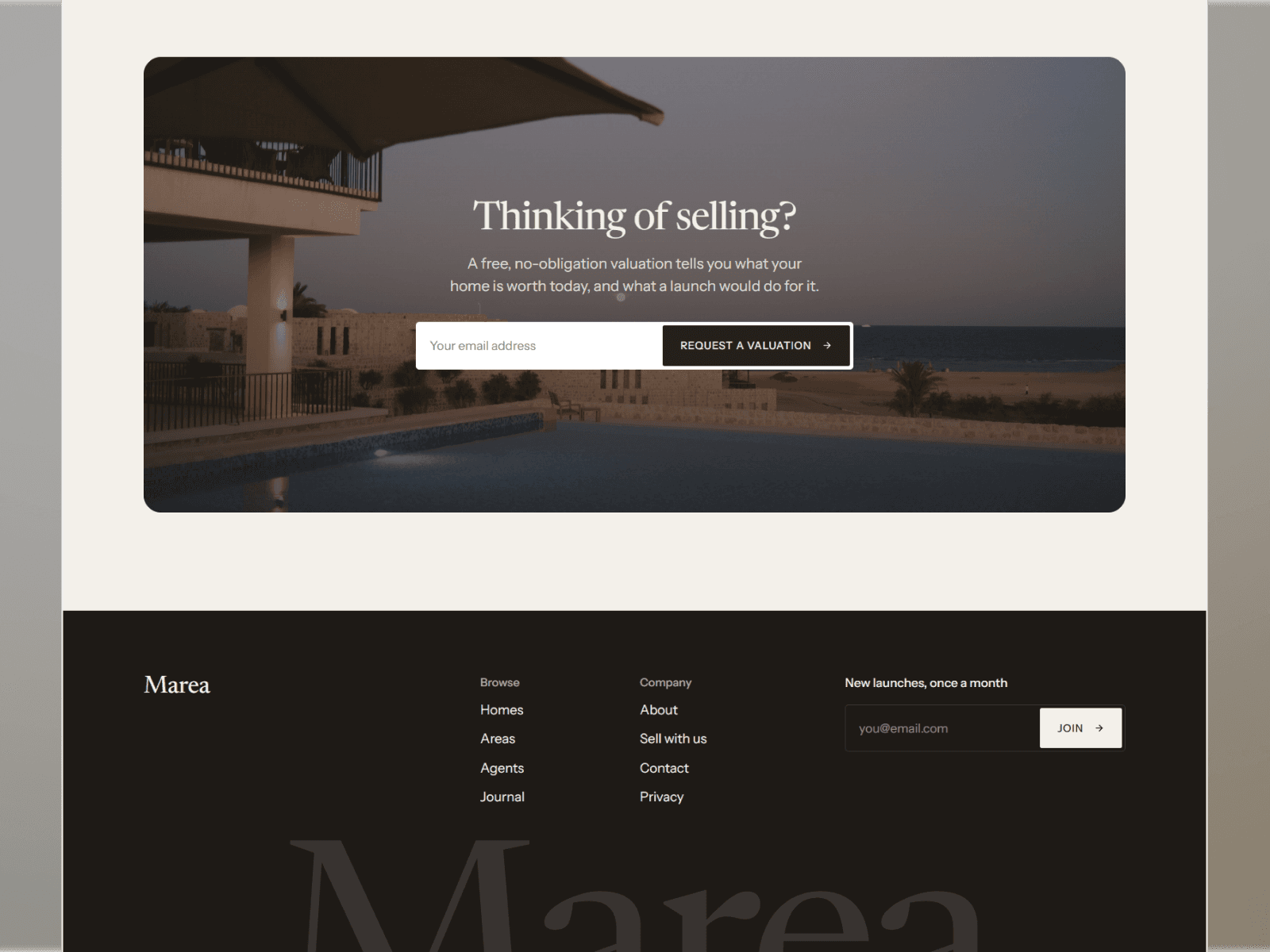 The selling section of Marea, a photo of a house above the heading Thinking of selling and an email field to request a valuation