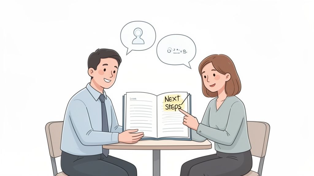 Two business professionals discussing next steps during a meeting, reviewing an open book with notes.