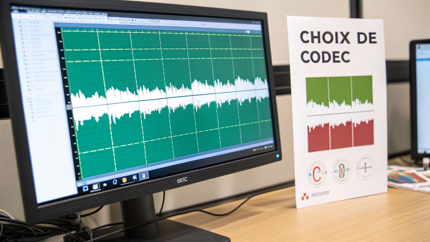 Écran d'ordinateur affichant un graphique de forme d'onde verte, à côté d'une affiche 