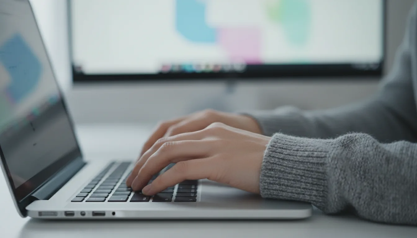 DSLR photography, close-up side angle of a person's hands typing on a silver aluminum laptop with black keys, wearing a grey knit sweater. The shot uses an extremely shallow depth of field, with the hands and keyboard in sharp focus. The background is completely out of focus, featuring a blurred external monitor with soft colorful bokeh highlights. The scene is illuminated by soft natural daylight with a cool, slightly desaturated color palette, evoking a professional remote work atmosphere.