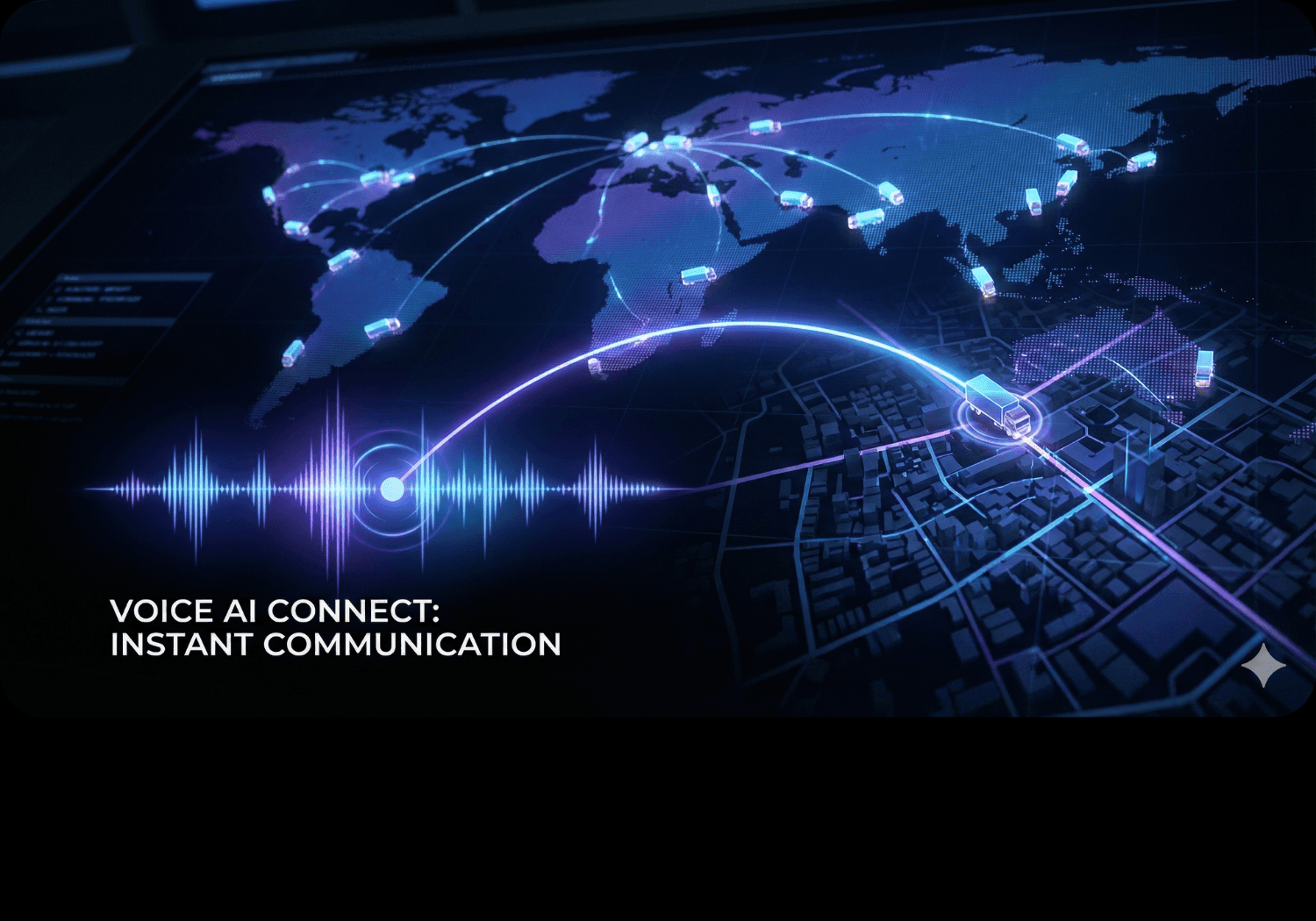 Veronix Voice AI Connect interface displaying a global logistics network map with audio waveform visualization. Represents an automated voice dispatch system case study for instant fleet communication and management.