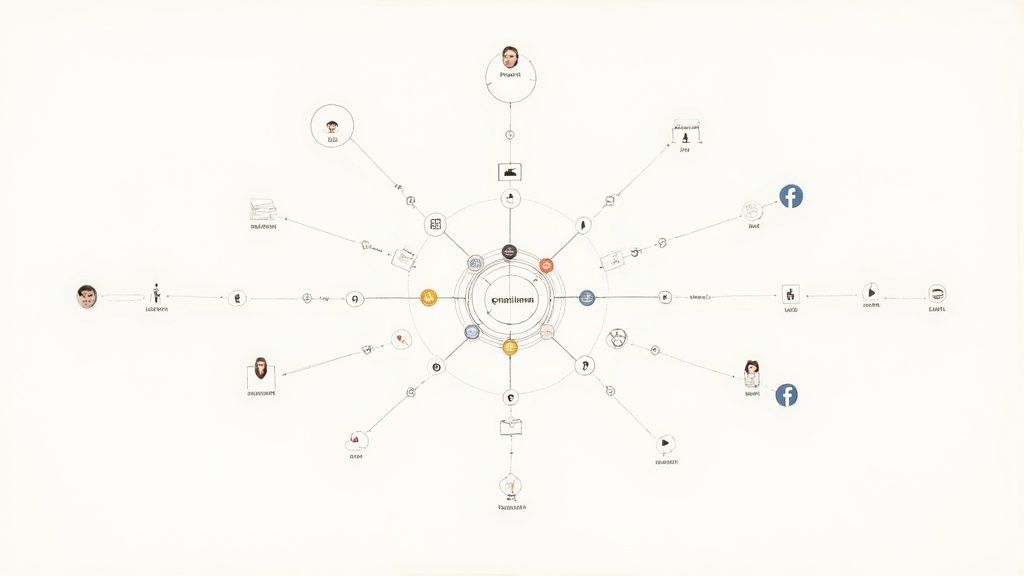 A complex radial diagram showing connections between people, icons, and text labels around a central hub.