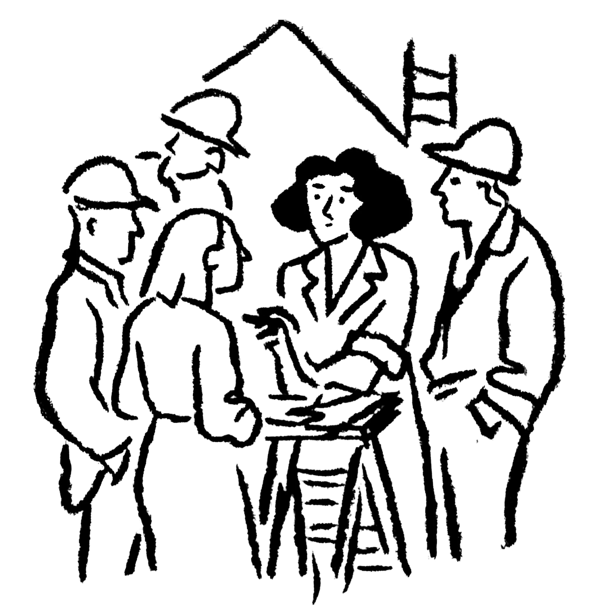 Ilustración de una mujer hablando con los obreros de una reforma.