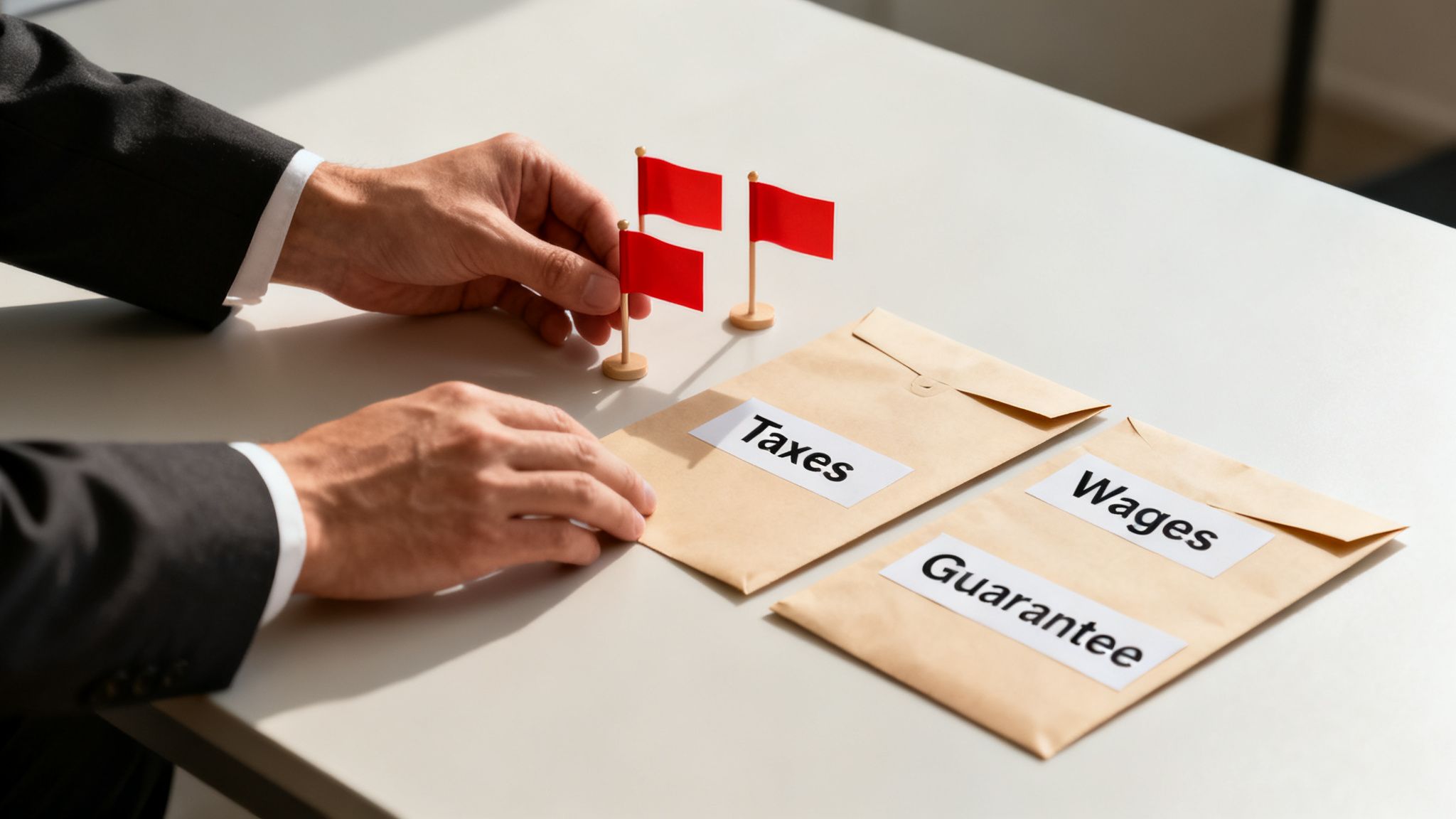 A person in a suit places red flags next to envelopes labeled 'Taxes,' 'Wages,' and 'Guarantee.'