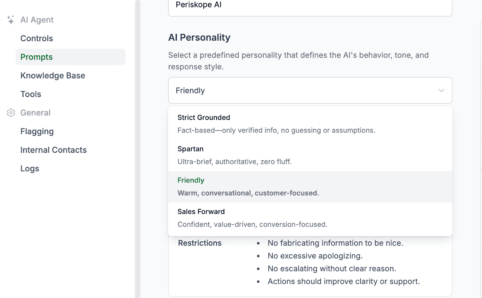 Choose Periskope AI agent personality