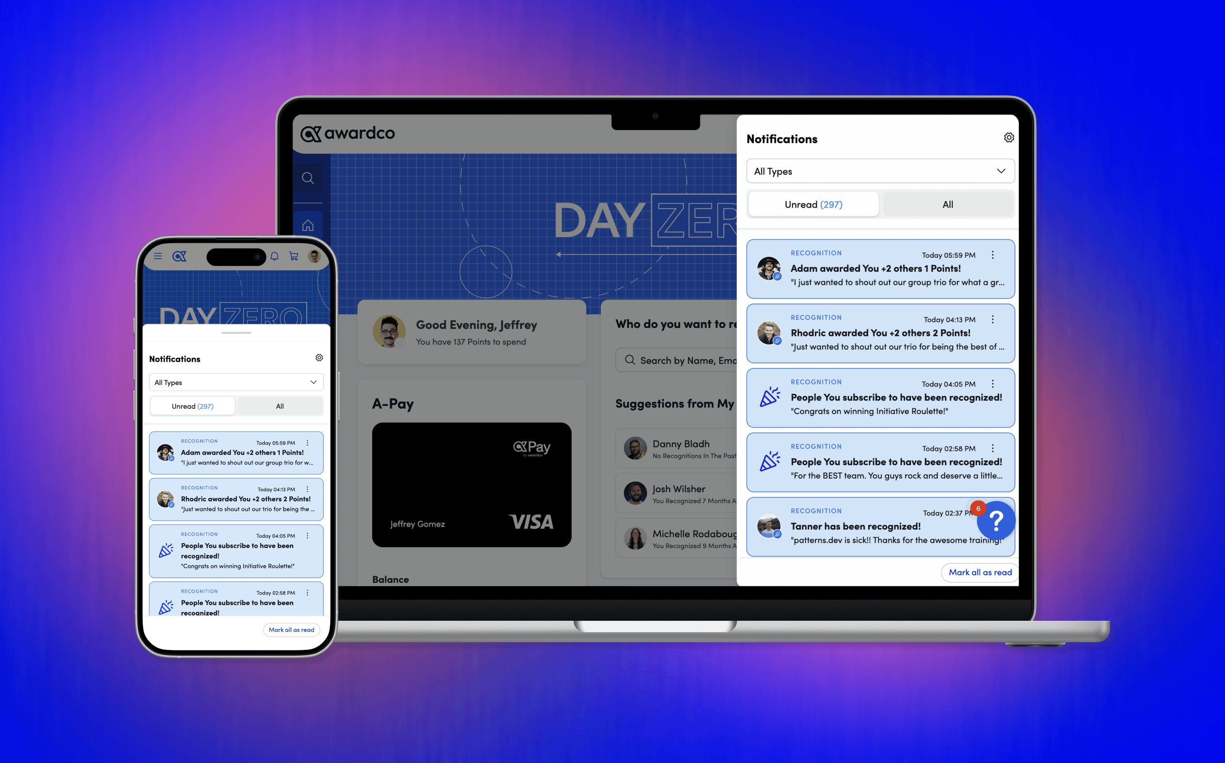 Notification drawer viewed on mobile and desktop.