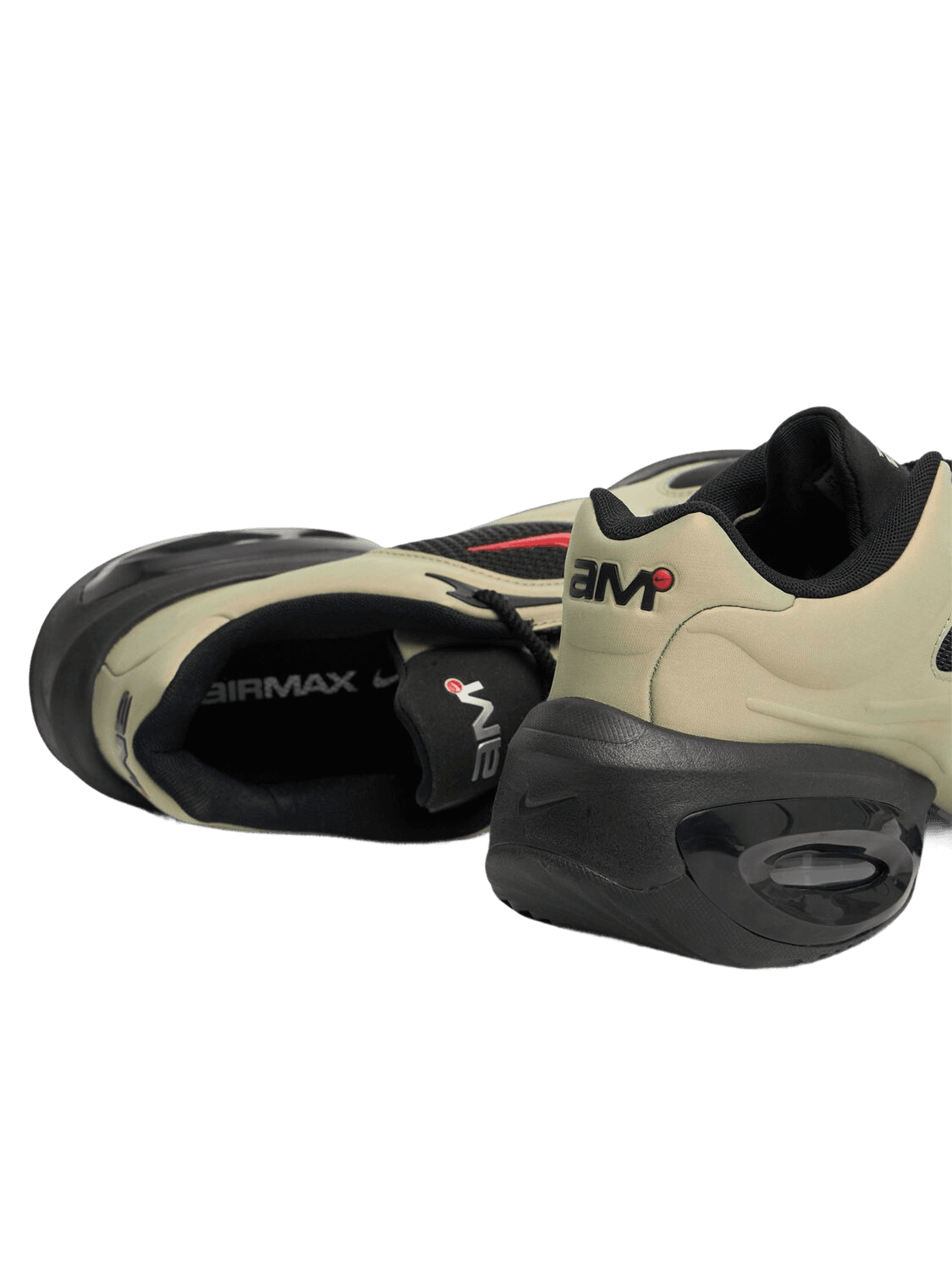 close up image of a pair of army green sneakers from the right