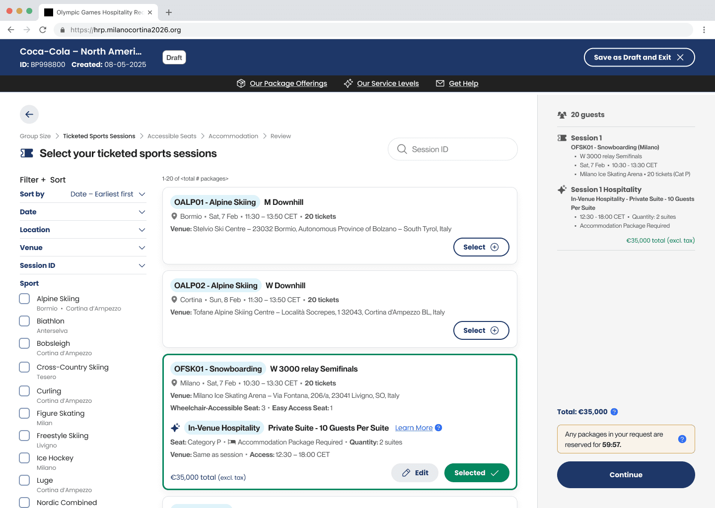 Build your own package session selection