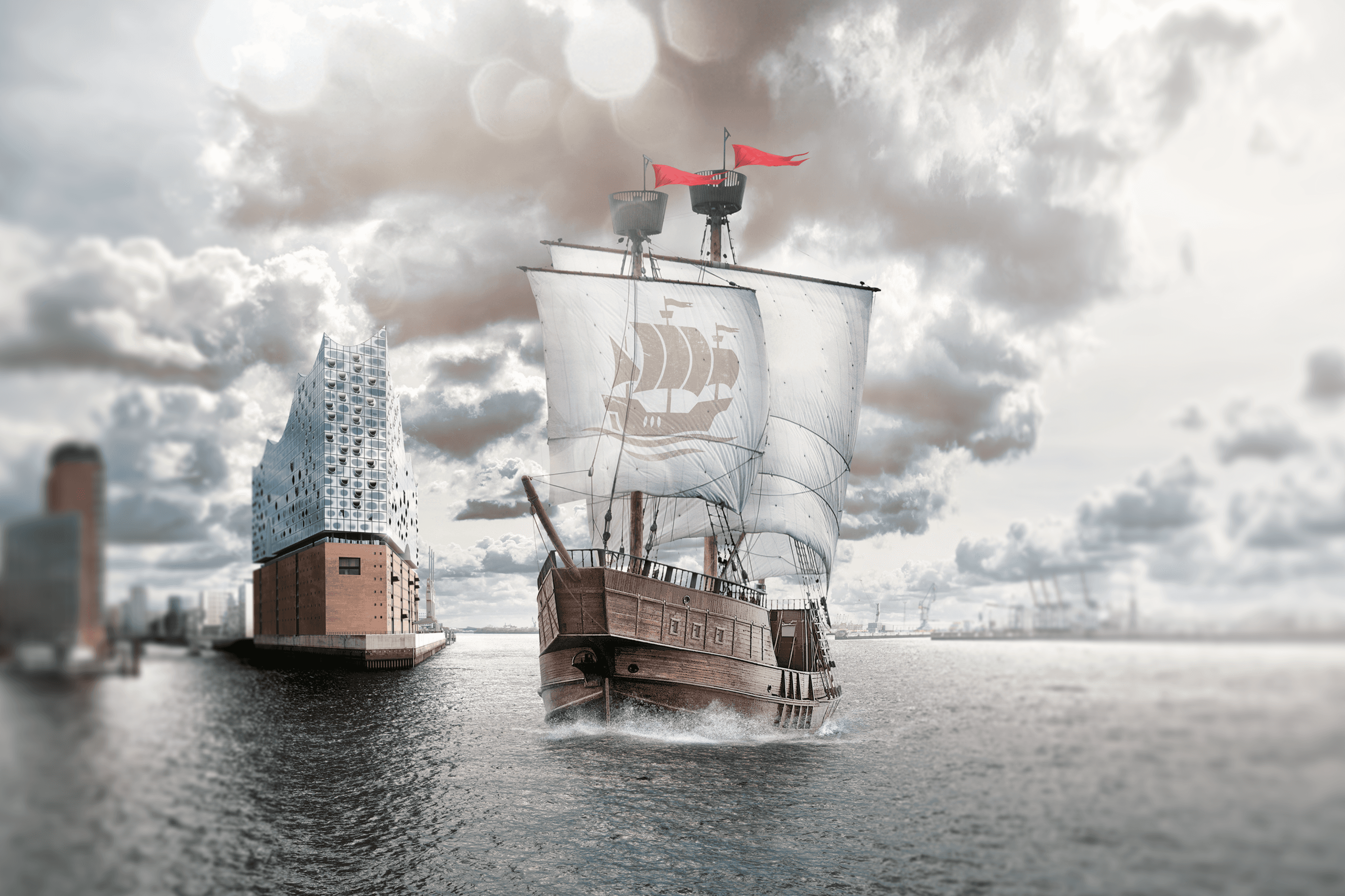 Wooden ship sailing near modern building and harbor