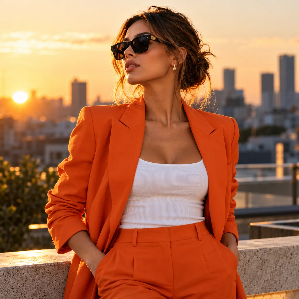 Woman in an orange blazer and sunglasses on a rooftop at sunset