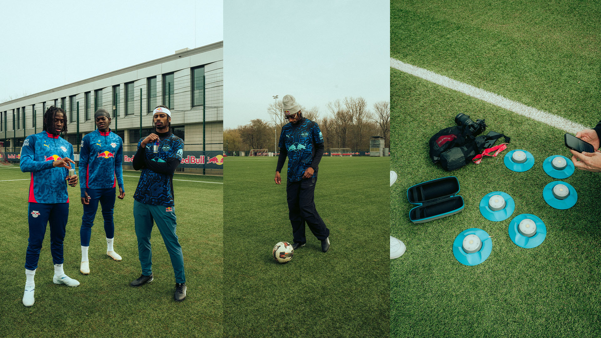 Stalamuerte dancing with RB Leipzig players Bakayoko and Lukeba at the Red Bull Training Center, Leipzig.