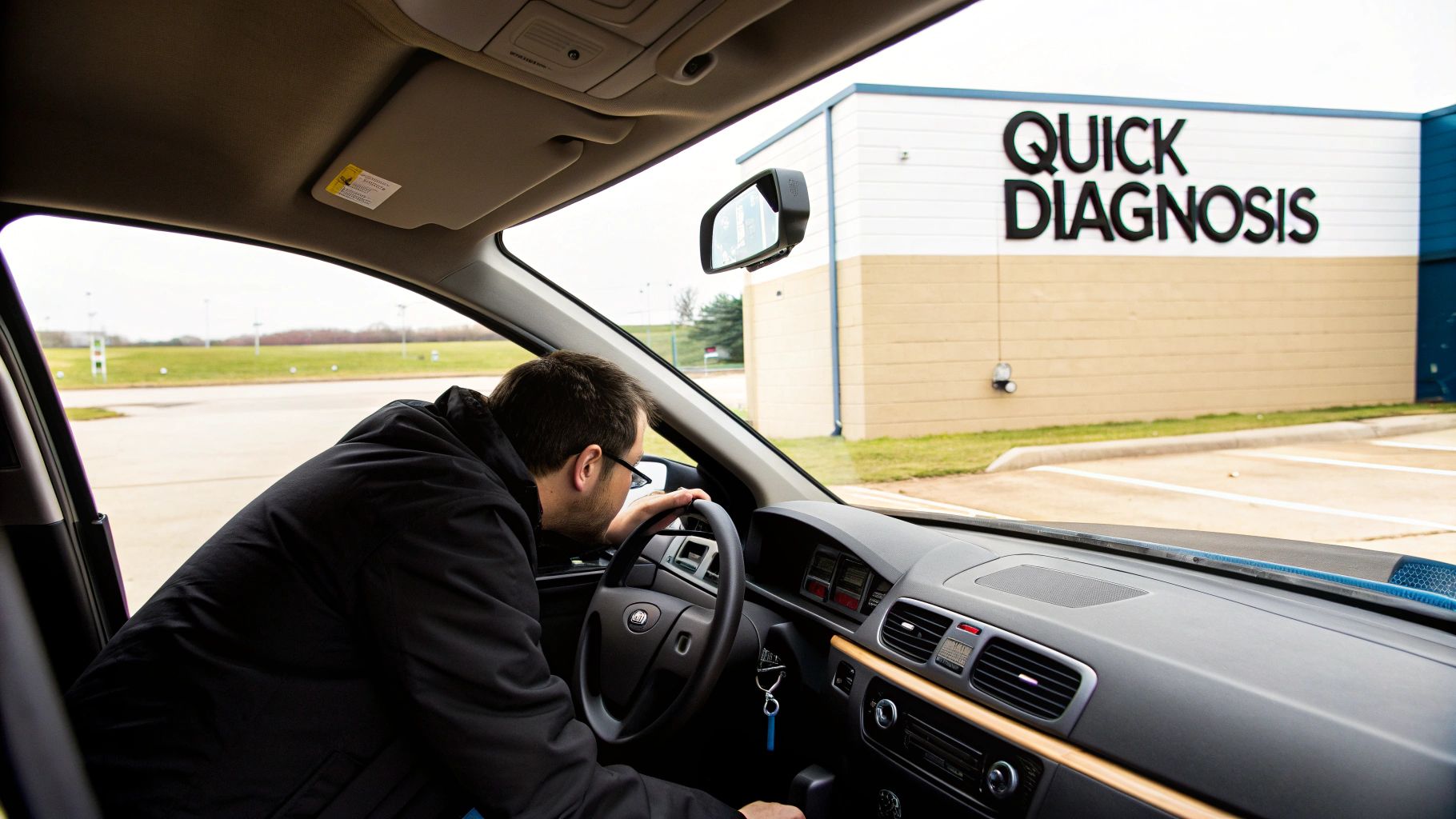 A man in a black jacket sits in a car, looking towards a building labeled