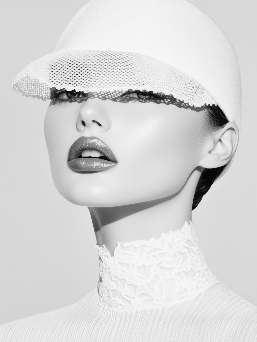 A fashion model with glossy lips wears a sleek, white cap and a high-collared top against a minimalist background.