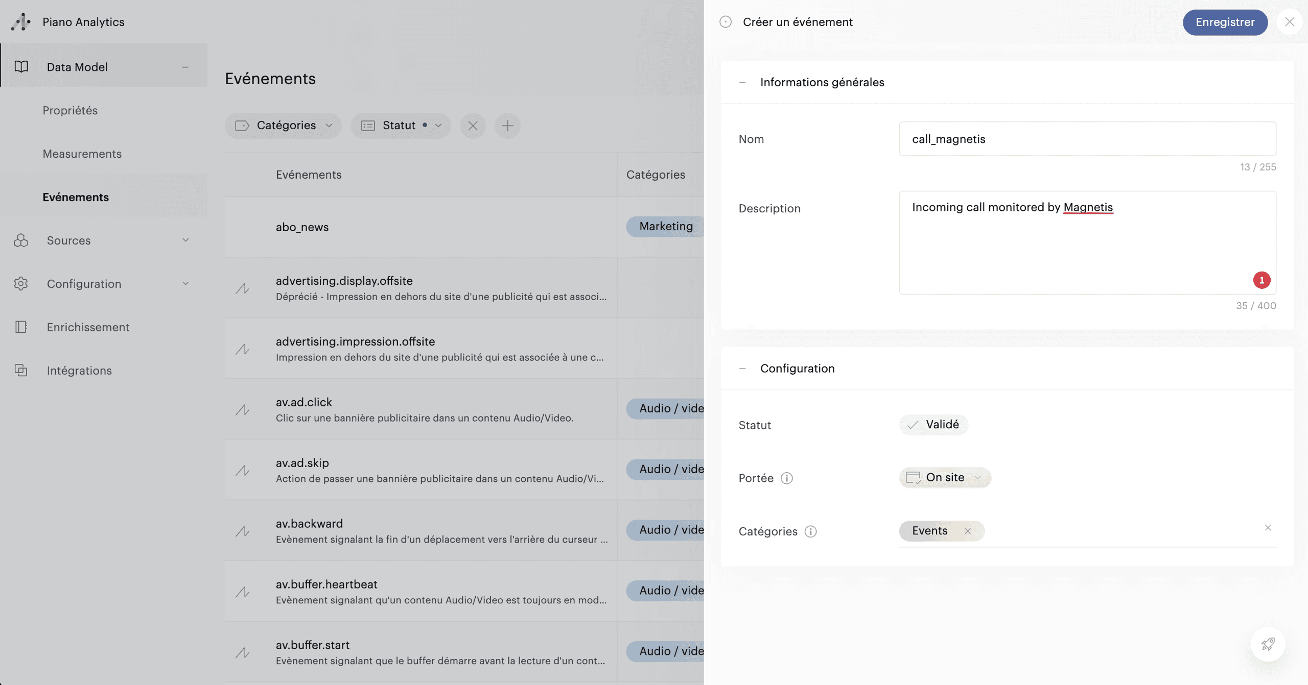Création de l'événement dans Piano Analytics