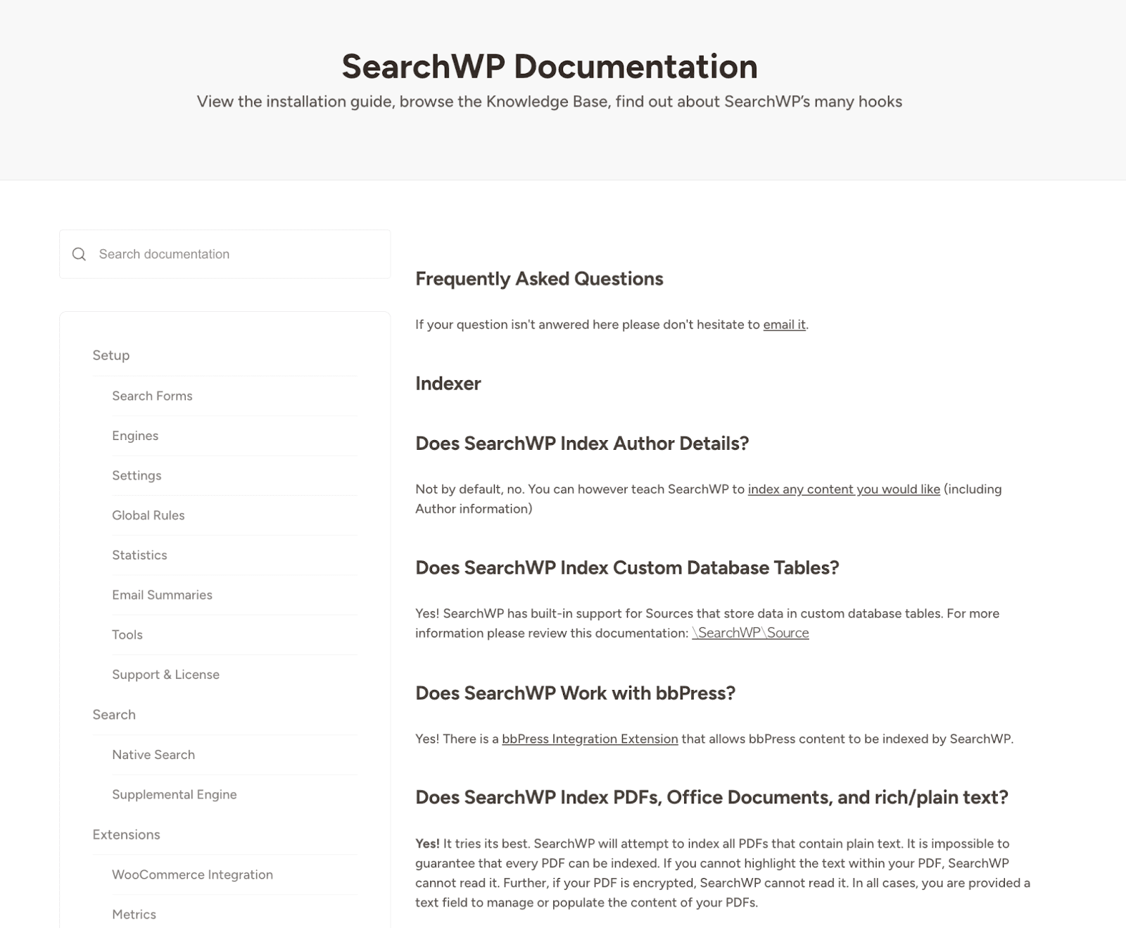 A screenshot of the "SearchWP Documentation page"