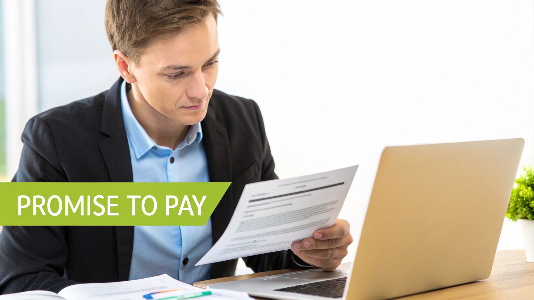 Businessman reviews a 'PROMISE TO PAY' document while working on his laptop.
