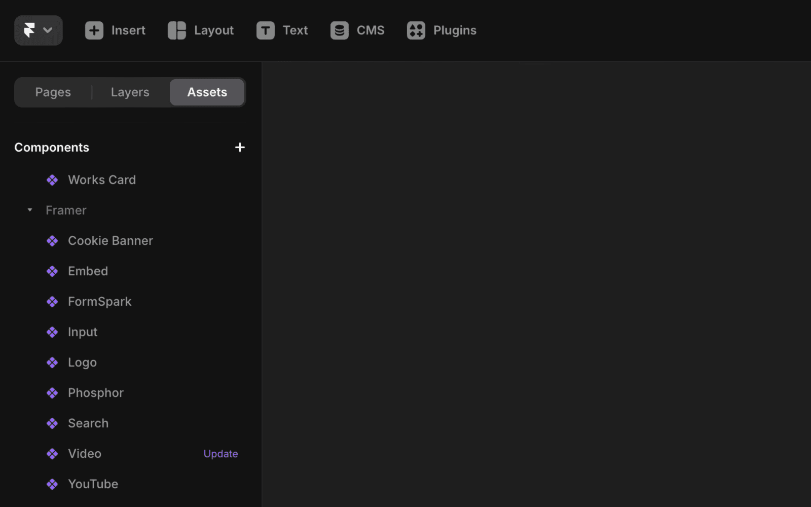 Framer UI 资源面板中的更新提示