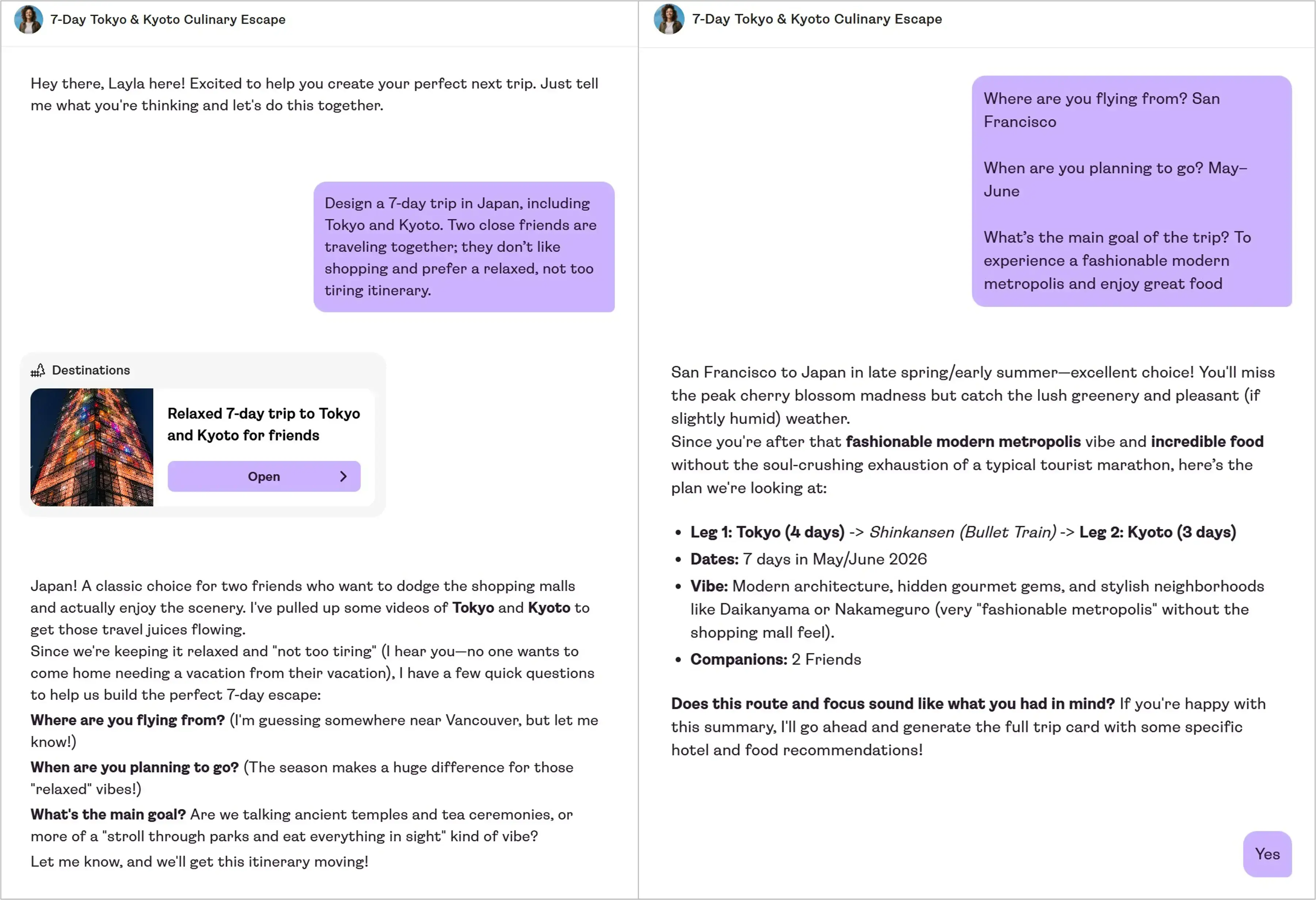 Tokyo and Kyoto 7-day culinary escape trip planning conversation with travel details for May-June itinerary