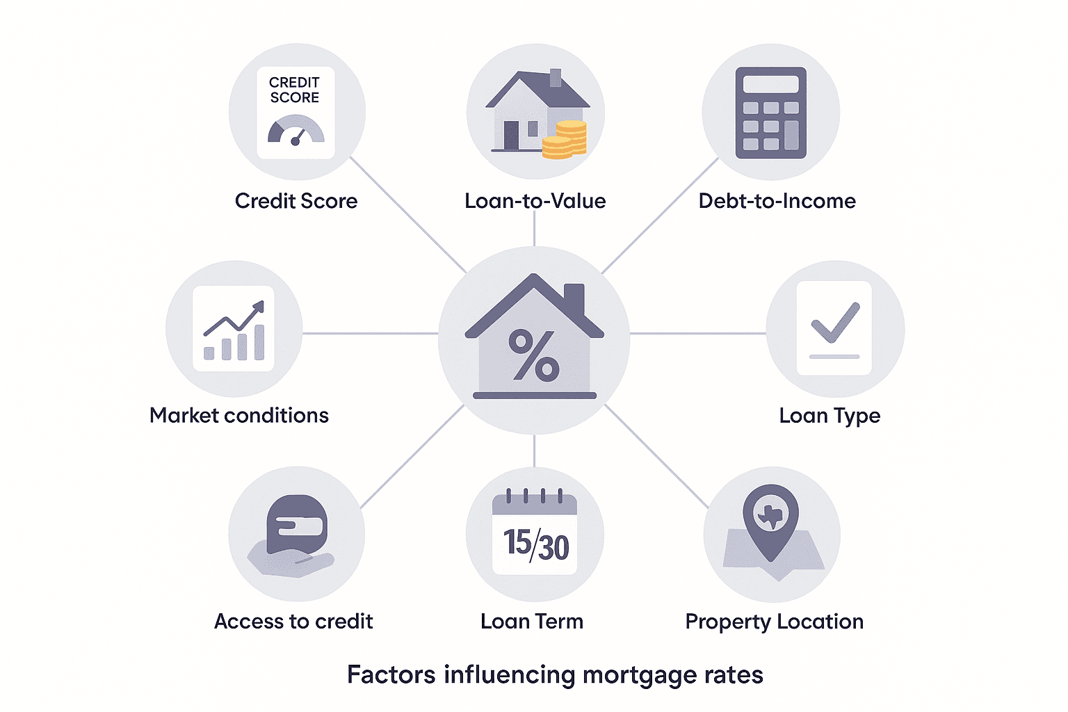Eight interconnected icons surrounding a house illustrate key factors that influence Southlake mortgage rates