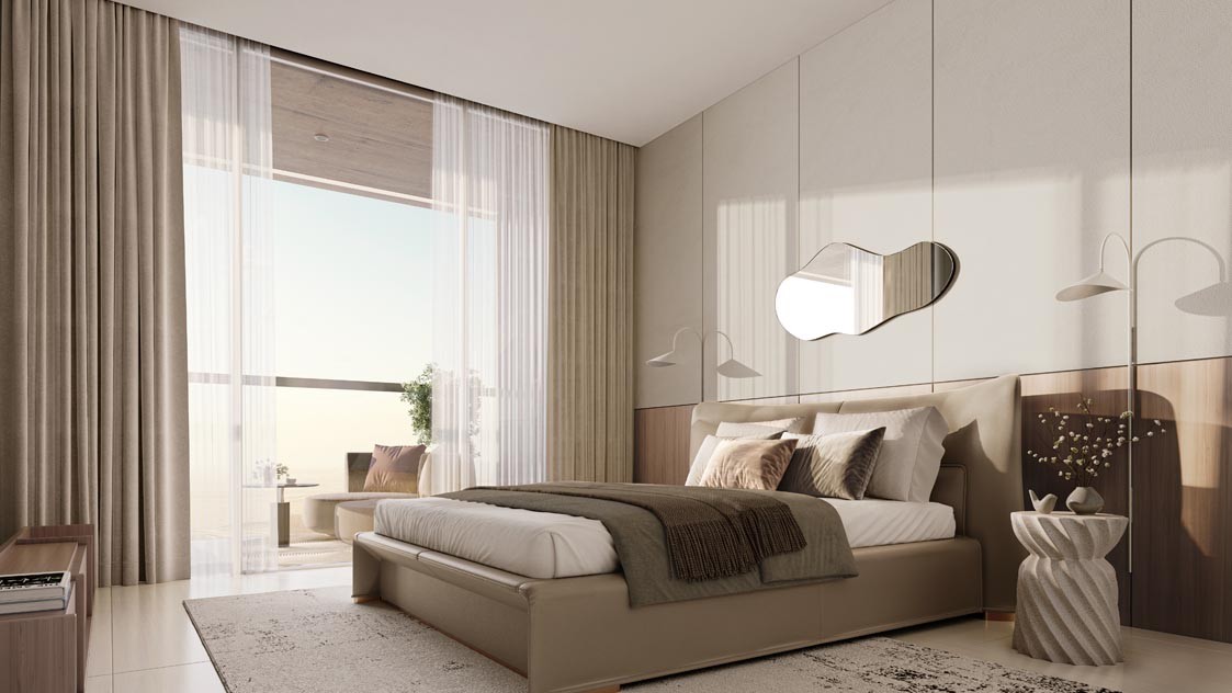 A modern bedroom in Central Uptown featuring a large bed, stylish decor, and ample natural light from a window.
