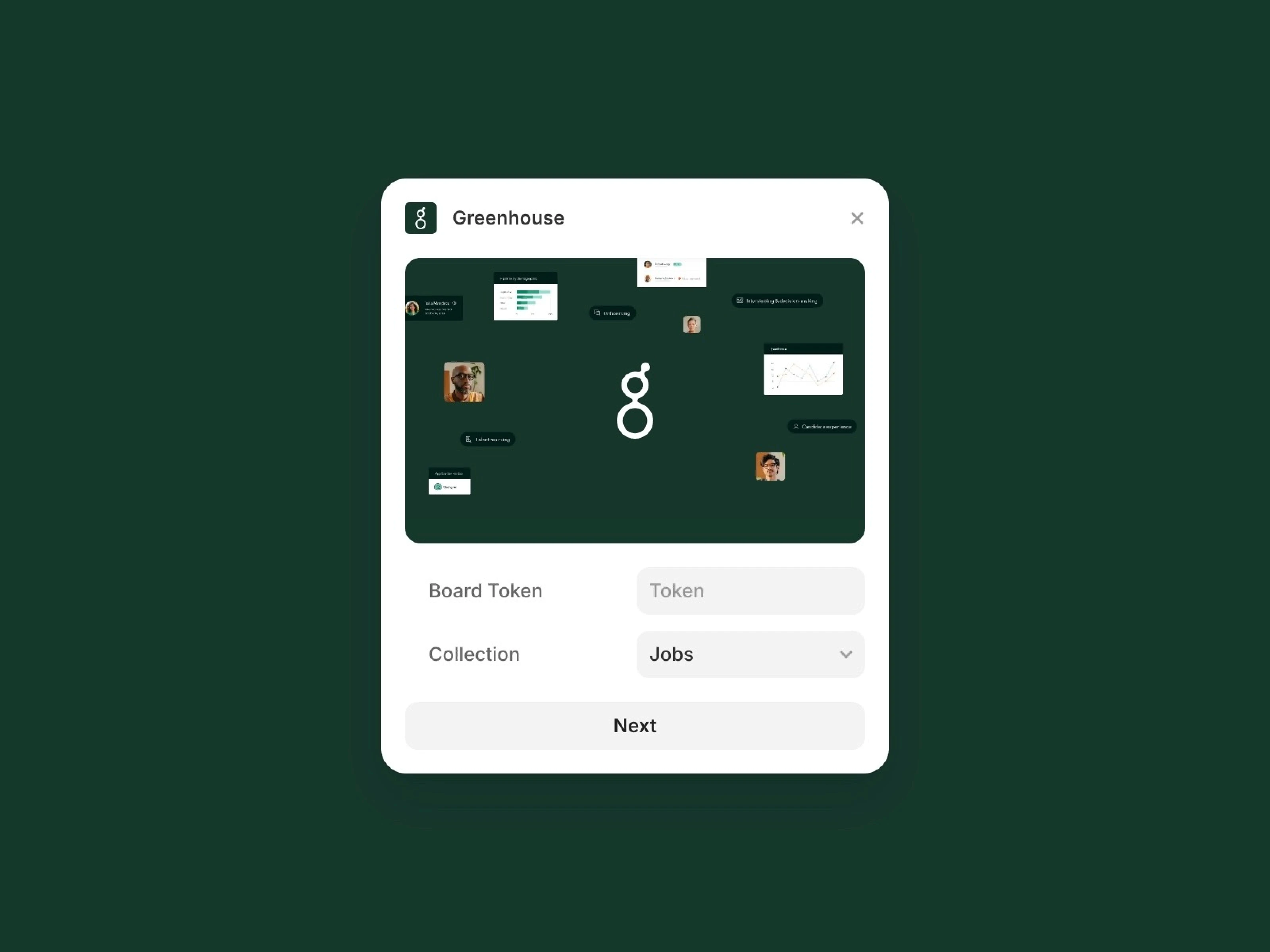 Set against a dark green background is the Greenhouse settings window, featuring the 'g' logo and options for connecting recruitment data.