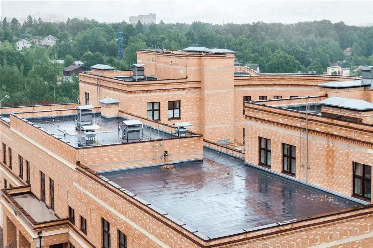 Brick building with flat, wet rooftop, HVAC units, and forest in distance.