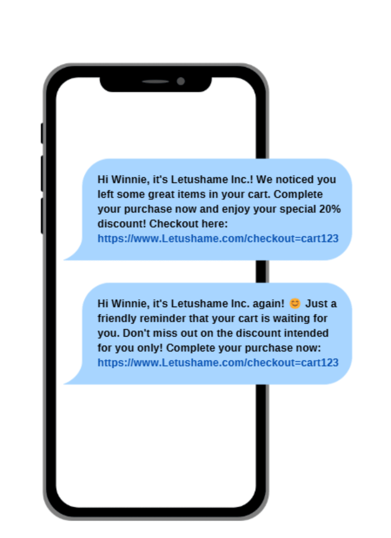 Utilise SMS as a Follow-Up to Emails.png – A mobile phone mockup showing SMS reminders for abandoned carts, including a discount and checkout link.