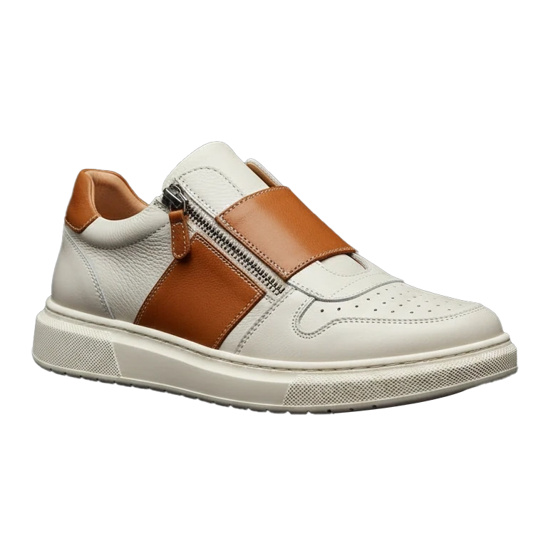 A white and brown leather sneaker with a side zipper