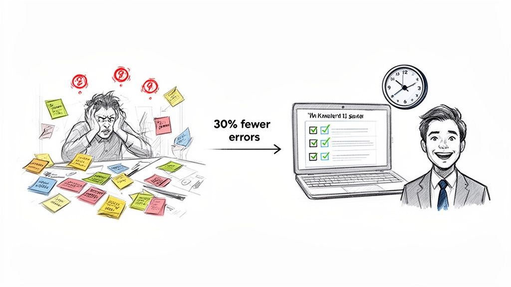 Stressed person overwhelmed by errors transforms to happy, organized professional using digital checklist, achieving efficiency.