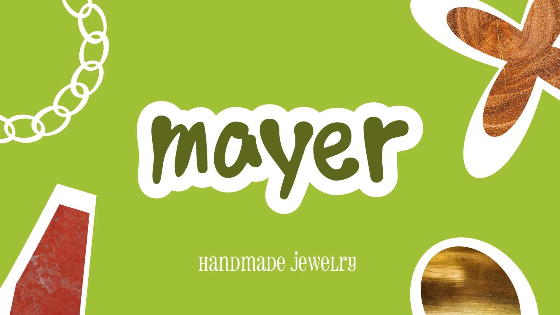 Visuel identitaire Mayer Handmade Jewelry format bannière — logo centré sur fond chartreuse entouré des éléments graphiques collage (chaîne, bois, pierre rouge), système de marque complet, Tartelette Concept