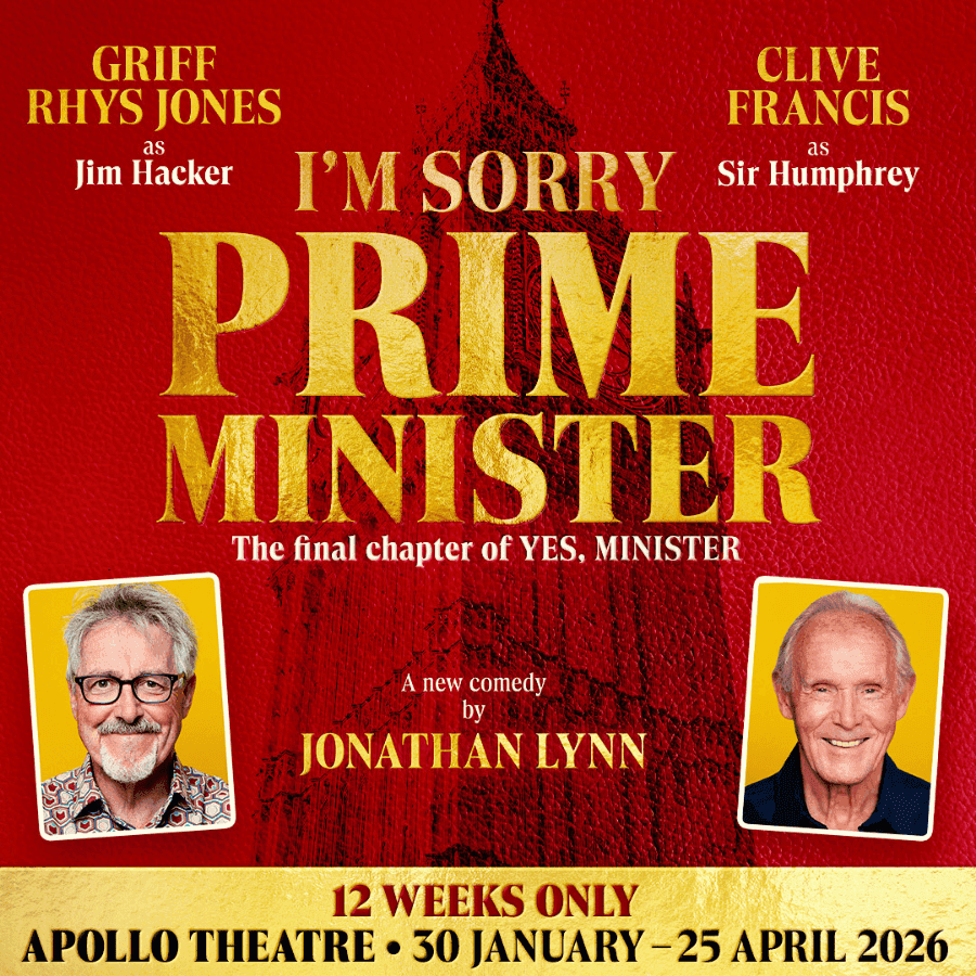 আমি দুঃখিত, প্রধানমন্ত্রী" কমেডি পোস্টার যেখানে অভিনেতারা "হ্যাঁ, মন্ত্রী" থেকে চরিত্রে অভিনয় করছেন।