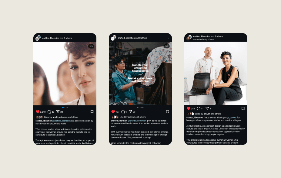 Three Instagram posts from the Crafted Liberation account: a close-up portrait, a 'Donate your unwanted headscarves' call-to-action, and a photo of the project's founders at the Australian Design Centre.