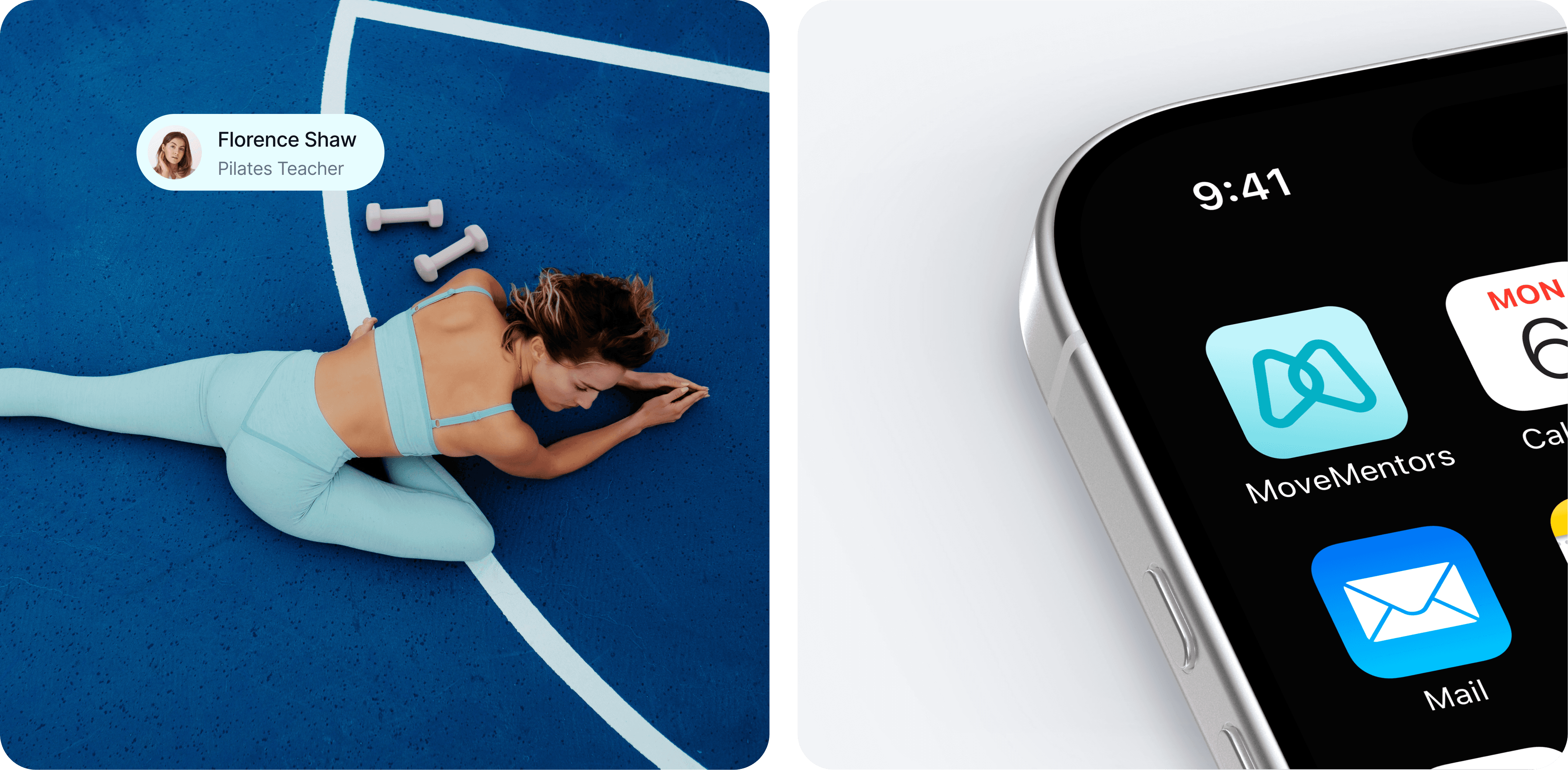 A split image: on the left, a person exercising on a blue mat; on the right, a close-up of a smartphone screen with apps.
