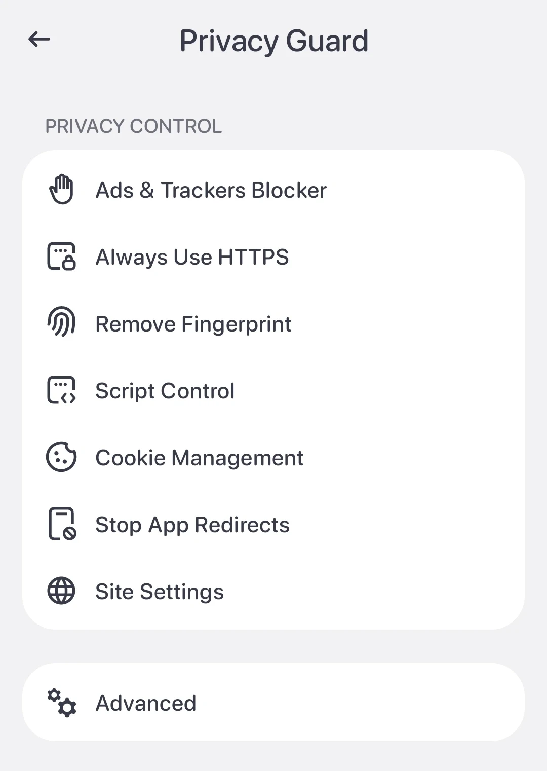 Quetta Privacy Guard settings for tracker blocking and secure browsing