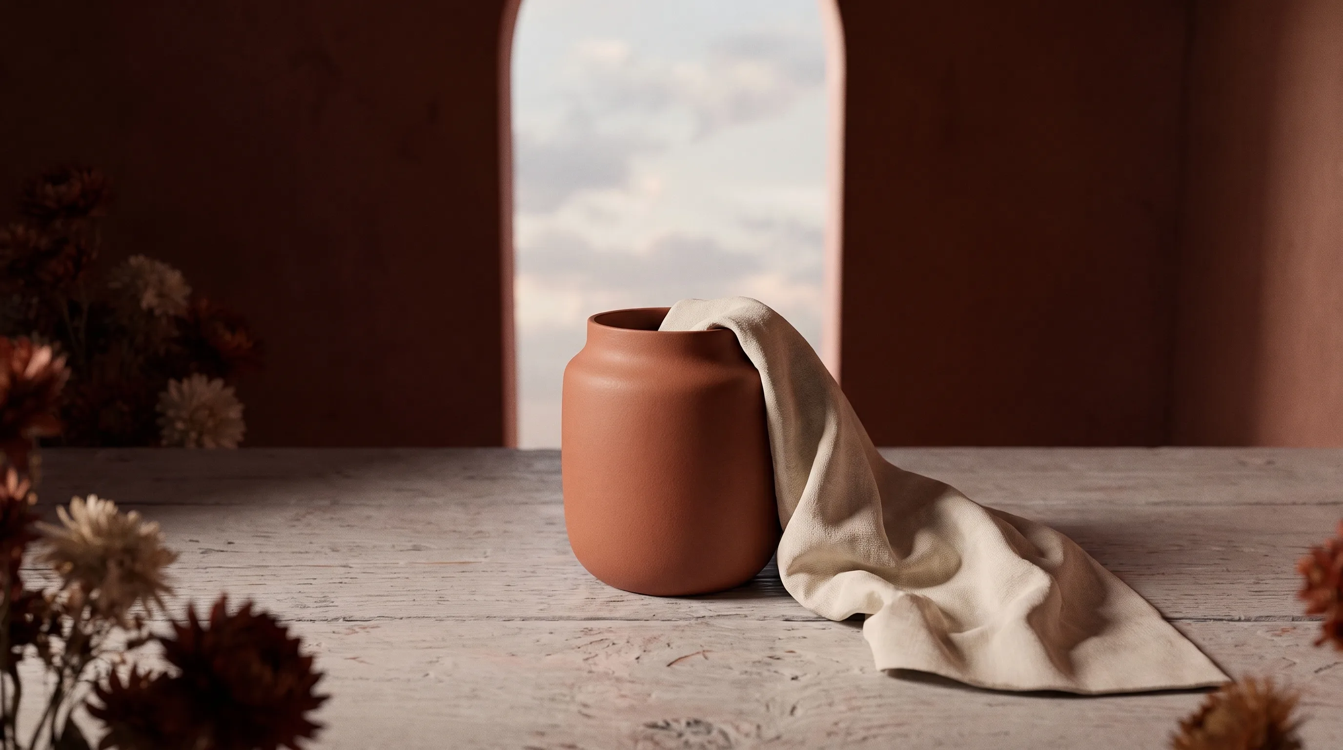 A single ceramic vessel with a folded linen cloth draped over its opening, lit low and mostly in shadow